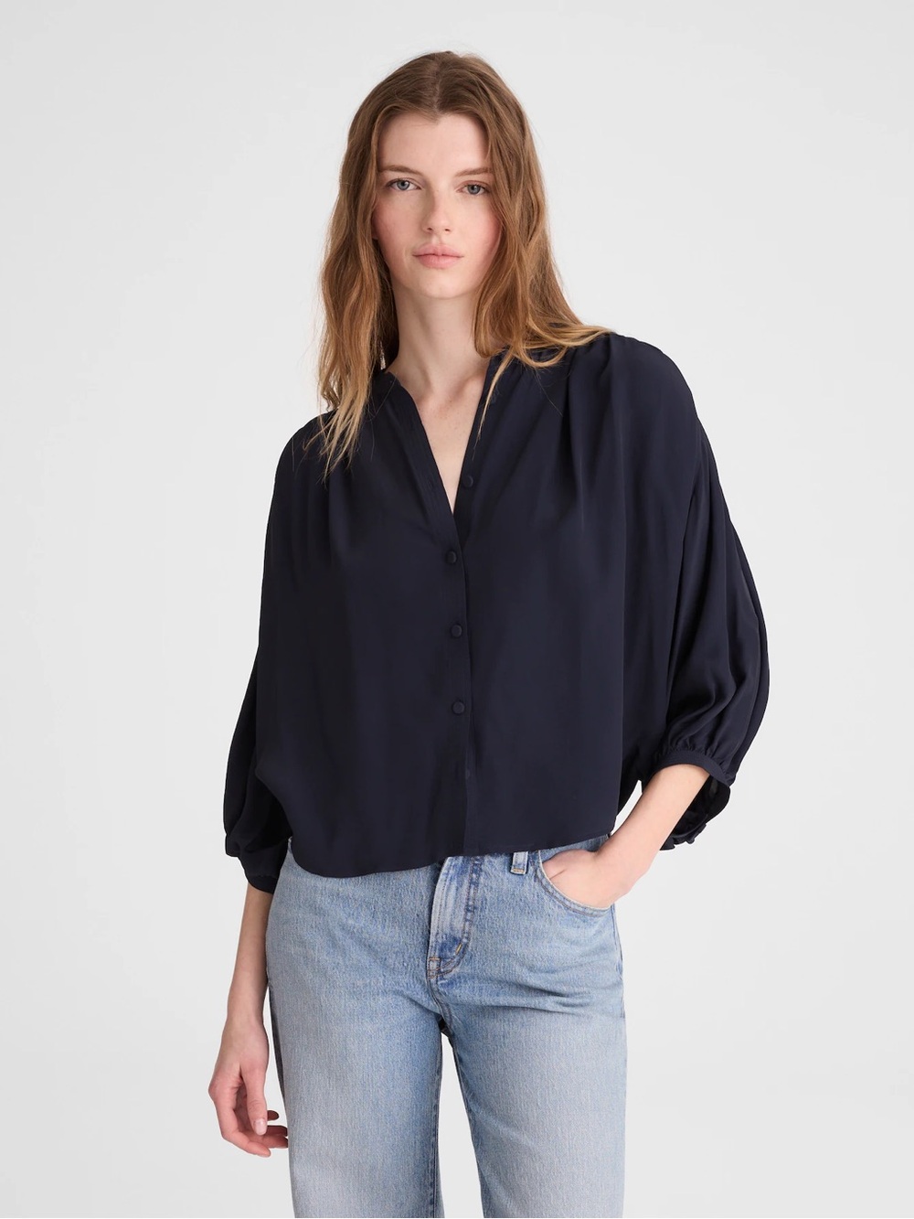 Madewell Shirred Crewneck Button-Up Top XL